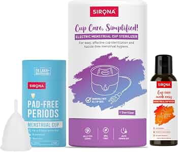 Sirona Reusable Menstrual Cup for Women (Small) + Electric Steam Sterilizer + pH Balanced Menstrual Cup Wash (100 ml) - Pack of 3 | Rash, Odour & Itch